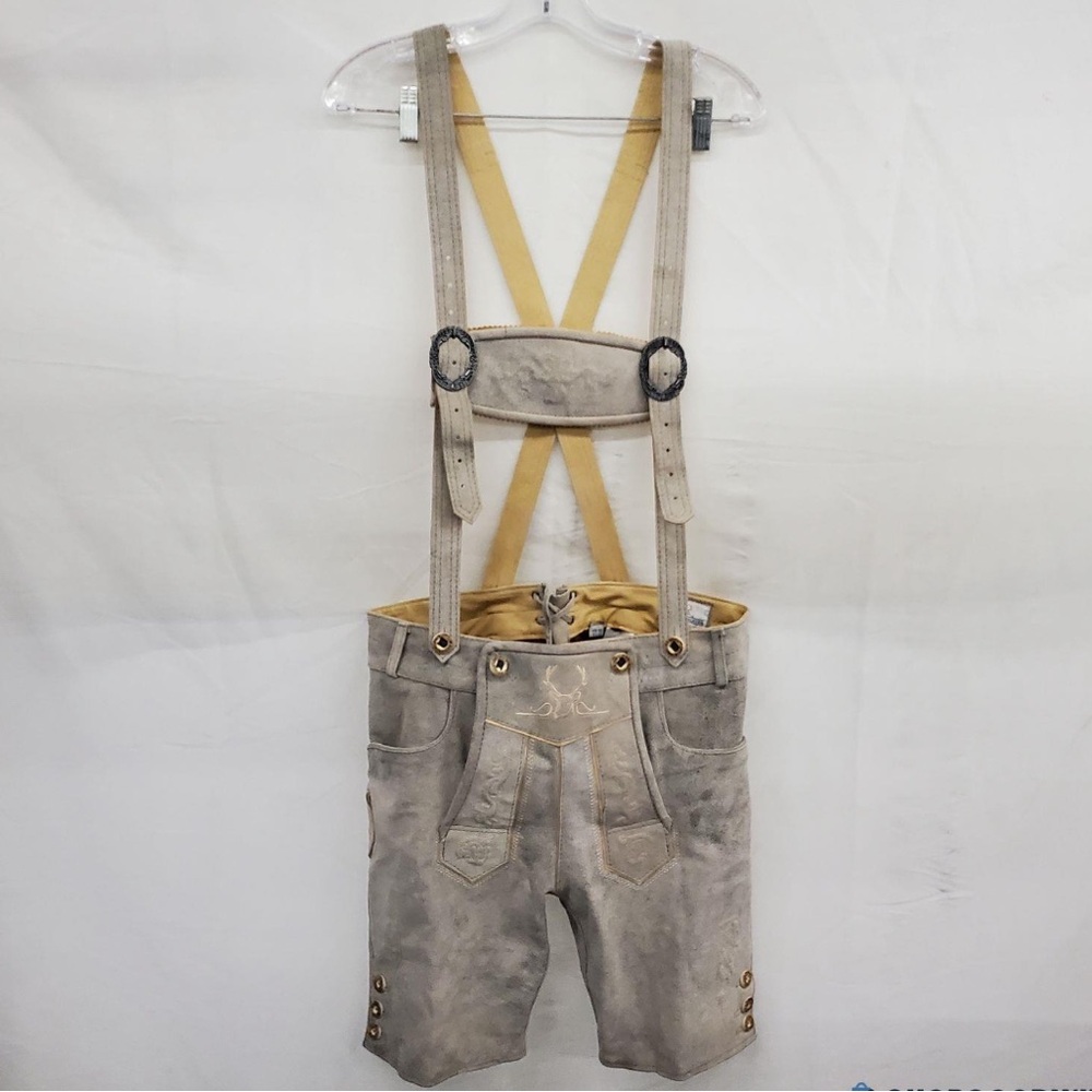 Authentic German Men's Grayish/Tan Leather Lederhosen Shorts with Suspenders